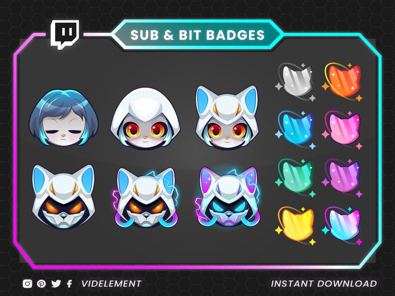 May include: A digital graphic featuring a collection of Twitch sub and bit badges. The badges include various cartoon characters with different expressions and colors, along with stylized shapes. The text "SUB & BIT BADGES" and "VIDELEMENT" are also present.