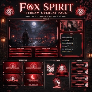 Peut inclure: Un pack d'overlay de streaming Fox Spirit avec un thème rouge et noir et un logo de renard. Comprend un cadre vidéo principal, une fenêtre de chat et divers éléments d'interface étiquetés Starting, Right Back, Offline, Ending, New Donation.