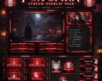 May include: A Fox Spirit stream overlay pack featuring a red and black theme with a fox logo. Includes a main video frame, chat box, and various UI elements labeled Starting, Right Back, Offline, Ending, New Donation, New Subscriber, and New Follower.