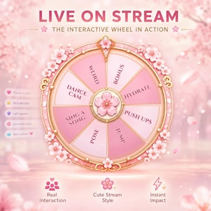以下が含まれることがあります： 桜の装飾が施されたライブストリーミング用のピンク色のインタラクティブホイール。ホイールはWEIRD、BONUS、HYDRATE、PUSH UPS、JUMP、POSE、SING A SONG、DANCE CAMとラベル付けされたセグメントに分かれています。テキストにはLIVE ON STREAM THE INTERACTIVE WHEEL IN ACTIONと書かれています。