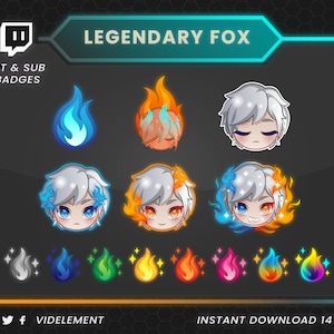White-Haired Anime Chibi Twitch Sub-Badges & Multicolor Flame Bit Badges: Power Up Your Streaming Experience!