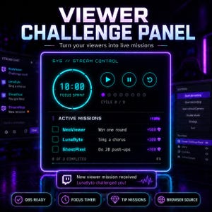 May include: A digital interface titled VIEWER CHALLENGE PANEL with a neon blue and purple aesthetic. It features a focus timer, active mission list with usernames like NeoViewer, LunaByte, and GhostPixel, and control buttons for OBS, timers, and browser sources.