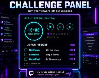 Viewer Challenge Panel for OBS & StreamElements, Cyberpunk Task Timer Widget