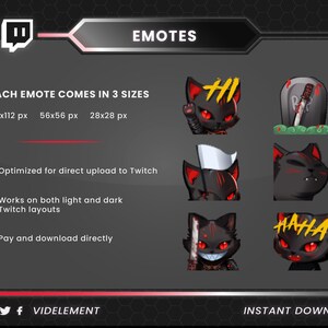 May include: A graphic design for Twitch emotes featuring a black cat with red eyes in various poses. The emotes include "HI", "HAHA", a cat holding a white flag, and a cat with a bloody knife next to a tombstone. The text "EACH EMOTE COMES IN 3 SIZES" is displayed above the emotes, with the sizes listed as 112x112 px, 56x56 px, and 28x28 px.