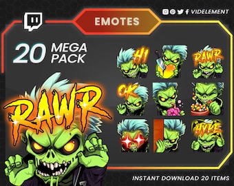 May include: A set of 20 Twitch emotes featuring a green zombie character with different expressions and actions. The emotes are part of a "Mega Pack" and include phrases like "RAWR", "HI", "OK", and "HYPE".