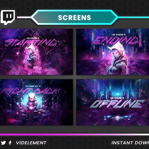 May include: A digital art graphic with four different screens for streaming. The screens have a futuristic theme with purple and blue colors. The text on the screens includes "Starting", "Ending", "Right Back", and "Offline".