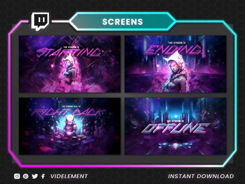 May include: A digital art graphic with four different screens for streaming. The screens have a futuristic theme with purple and blue colors. The text on the screens includes "Starting", "Ending", "Right Back", and "Offline".