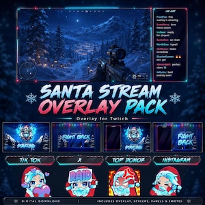 Peut inclure: Un pack de superposition numérique Santa Stream pour Twitch, avec une scène de forêt hivernale et divers éléments animés. Comprend des écrans, des panneaux et des émoticônes avec des motifs de Père Noël et de flocons de neige. Téléchargement numérique.