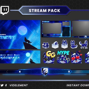Wolf stream pack, animated webcam, twitch panels, twitch wolf alert, twitch chatbox, animated screens, stream overlay, twitch overlay