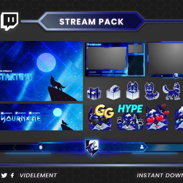 Wolf Stream Pack, animierte Webcam, Twitch Panels, Twitch Wolf Alarm, Twitch Chatbox, animierte Bildschirme, Stream Overlay, Twitch Overlay