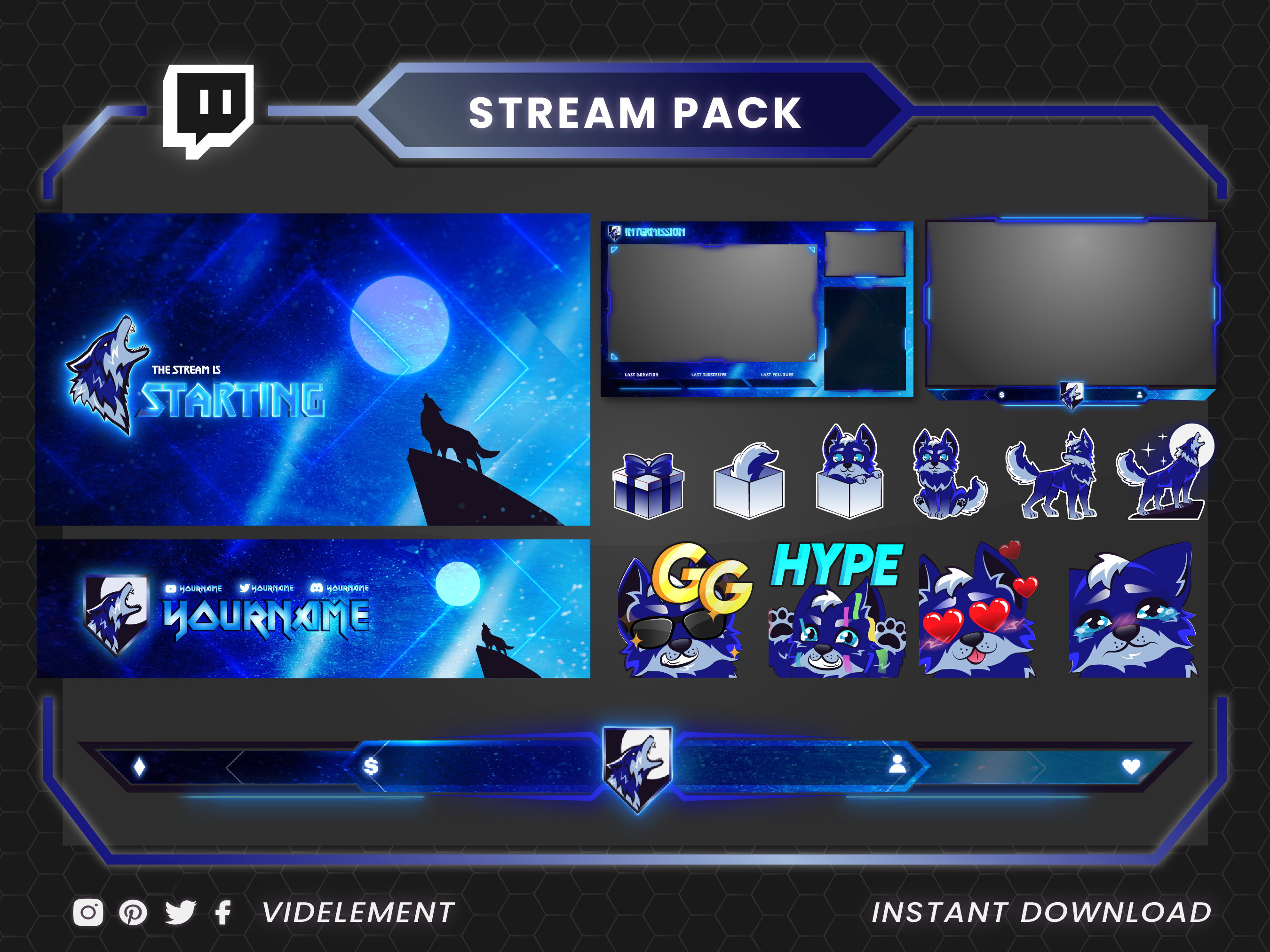 Wolf stream pack, animated webcam, twitch panels, twitch wolf alert, twitch chatbox, animated screens, stream overlay, twitch overlay