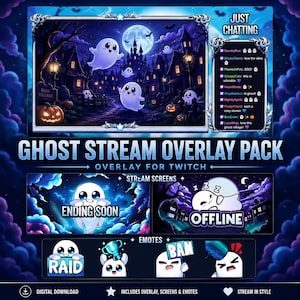 Pacote Ghost Stream: Sobreposição animada para Twitch, emotes, painéis