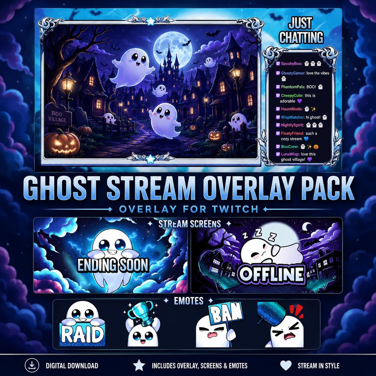 Ghost Stream Layout Ghost Stream Pack: Animated Twitch Overlay, Emotes, Panels - Etsy
