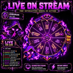 Puede incluir: Una superposición digital para streaming en vivo con un tema morado y negro y una figura encapuchada. El gráfico incluye una rueda con segmentos etiquetados Free Sub, Scare Mode, Coin Drop, Horror Story, Drink Blood, No Chat, Instant Game, Spin Again y Choose My Game. El texto incluye Live On Stream, Live On Air y Keep Out.