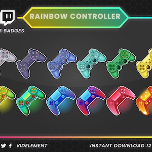 Può includere: Un set di 12 badge di abbonamento Twitch colorati con un design di controller per videogiochi arcobaleno. I badge sono di vari colori, tra cui rosso, arancione, giallo, verde, blu, indaco e viola. I badge sono perfetti per giocatori e streamer.