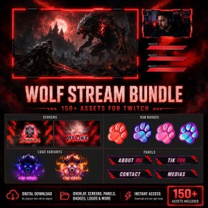 Red Wolf Stream-paket – Emotes, märken, överlägg och paneler | Twitch Overlay-paket | Wolf-emotes | Gaming Stream Kit | Direktnedladdning