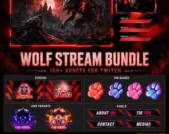 Red Wolf Stream Bundle – Emotes, Badges, Overlays & Panels | Twitch Overlay Pack | Wolf Emotes | Gaming Stream Kit | Instant Download