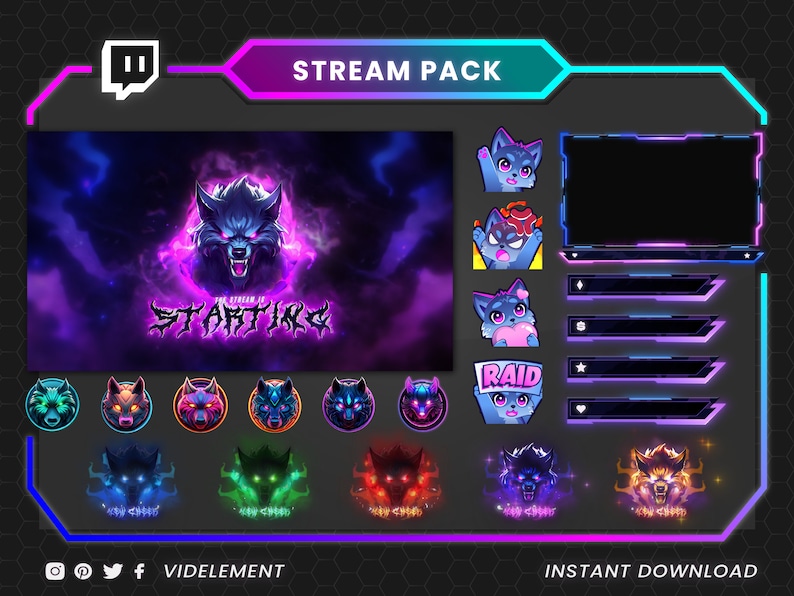 May include: A digital stream pack with a wolf theme. The pack includes a main screen, animated emotes, and overlay elements. The colour scheme is purple, blue, and pink. The text "STREAM PACK" and "INSTANT DOWNLOAD" are visible.