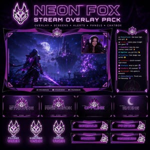 Peut inclure: Un pack de superpositions de flux numérique intitulé Neon Fox avec un thème de couleurs violet et noir. L'ensemble comprend un cadre de jeu principal, une fenêtre de chat, des alertes et des écrans de statut Starting, Right Back, Offline, Ending.