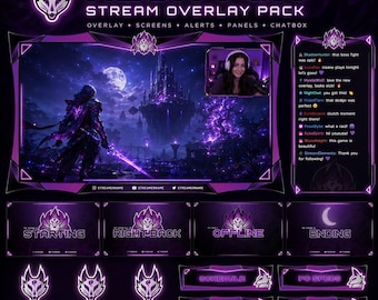 May include: A digital stream overlay pack titled Neon Fox featuring a purple and black color scheme. The set includes a main game frame, chat box, alert boxes, and status screens labeled Starting, Right Back, Offline, and Ending with fox icons.