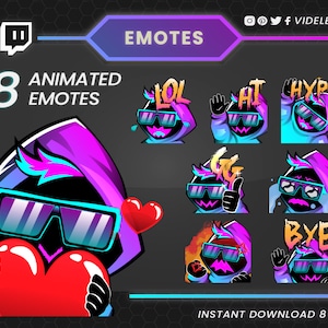 Animowane emotikony, emotikony Twitch, emotikony Discord, emotikony Twitch Sub, emotikony GG, emotikony Lol, emotikony Hype, emotikony Hi, emotikony Bye, emotikony Love, Discord