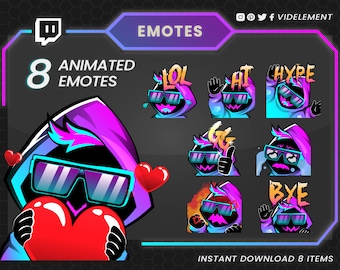 May include: Eight animated Twitch emotes featuring a character wearing a purple and blue hooded sweatshirt with sunglasses. The emotes include "LOL", "HI", "HYPE", "GG", "CRY", "BYE", and two emotes with hearts.