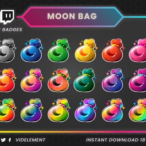 Twitch bit badges, Twitch bag badges, moon bit badges, Twitch sub badges, bag bit badges, money bit badges, gold bit badges, magic bit badge