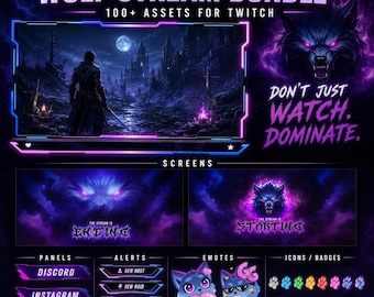 Purple Wolf Stream Bundle: Emotes, Badges, Overlays, Panels (Digital Download)