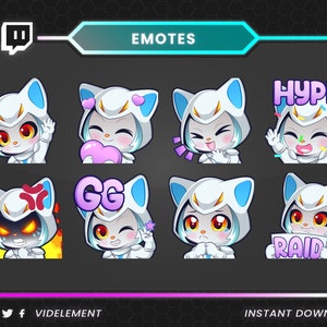 May include: A digital art graphic featuring eight emotes with a white and blue cat-like character. The emotes display various expressions and text bubbles with words like "HYPE" and "RAID". The background is dark with a neon border and the word "EMOTES".