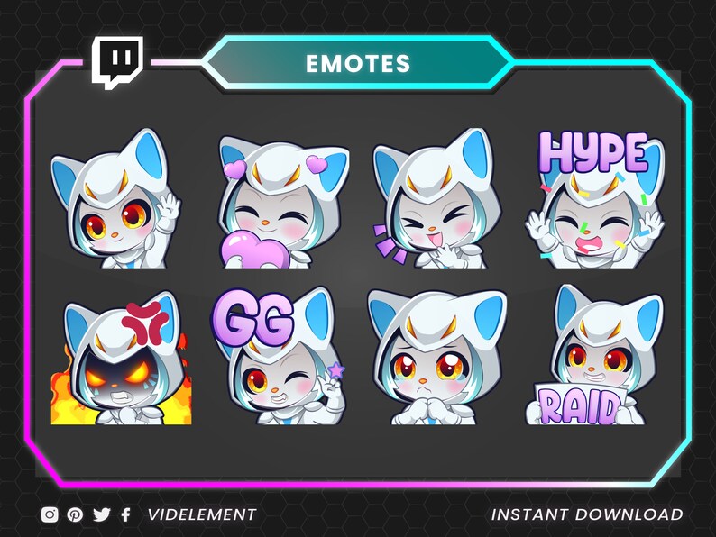 May include: A digital art graphic featuring eight emotes with a white and blue cat-like character. The emotes display various expressions and text bubbles with words like "HYPE" and "RAID". The background is dark with a neon border and the word "EMOTES".