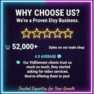 K&ouml;nnte beinhalten: Eine digitale Grafik mit einem dunkelvioletten Hintergrund und einem neonblauen und violetten Rand. Der Text lautet "WHY CHOOSE US?" mit einer 5-Sterne-Bewertung und "52.000+" Verk&auml;ufen. Zus&auml;tzlicher Text enth&auml;lt "4.9 AVERAGE" und "Trusted Expertise for Your Growth."