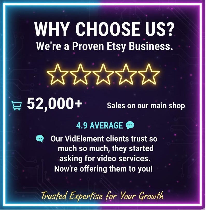 K&ouml;nnte beinhalten: Eine digitale Grafik mit einem dunkelvioletten Hintergrund und einem neonblauen und violetten Rand. Der Text lautet "WHY CHOOSE US?" mit einer 5-Sterne-Bewertung und "52.000+" Verk&auml;ufen. Zus&auml;tzlicher Text enth&auml;lt "4.9 AVERAGE" und "Trusted Expertise for Your Growth."