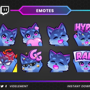 May include: Eight cartoon wolf emotes in different poses and expressions. The emotes are mainly blue with pink and purple highlights. Some emotes feature text such as "HYPE" and "RAID". The word "EMOTES" is displayed at the top of the image.