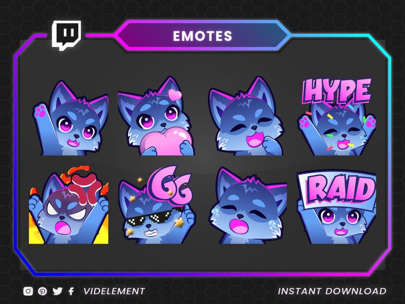 May include: Eight cartoon wolf emotes in different poses and expressions. The emotes are mainly blue with pink and purple highlights. Some emotes feature text such as "HYPE" and "RAID". The word "EMOTES" is displayed at the top of the image.
