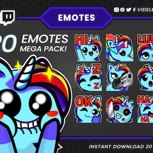 Light Blue Unicorn Emotes - Magical Chibi-Style Twitch Emotes for Dreamy Streams