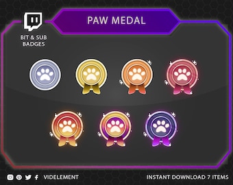 May include: Seven Twitch channel bit and sub badges featuring a paw print in a circle with a ribbon. The badges are in different colors, including gold, purple, red, and blue.