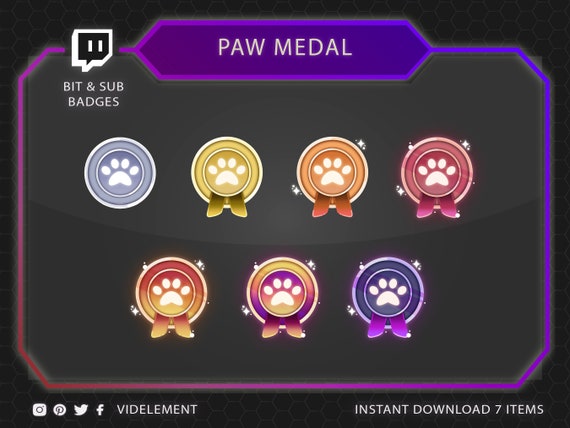 Paw Sub Badges - 6 x Shiny Twitch Sub Badges with Photoshop Files