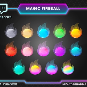Puede incluir: Un conjunto de 14 insignias de bits de Twitch con un diseño de fuego y una variedad de orbes de colores. El texto "MAGIC FIREBALL" está en la parte superior de la imagen. El texto "BIT BADGES" está debajo del logotipo de Twitch. El texto "INSTANT DOWNLOAD 14 ITEMS" está en la parte inferior de la imagen.