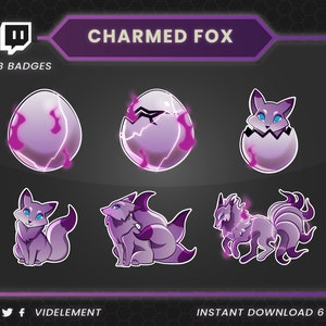Puede incluir: Seis insignias de suscripción de Twitch moradas y rosadas que representan un zorro en diferentes etapas de desarrollo, desde un huevo hasta un zorro de nueve colas completamente desarrollado. El texto "CHARMED FOX" y "SUB BADGES" se encuentra en la parte superior de la imagen.