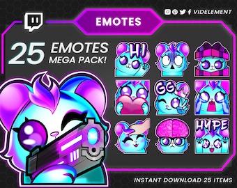 Op de afbeelding: Een set van 25 geanimeerde Twitch-emotes met een schattig cartoonfiguur met roze en blauwe vacht. De emotes bevatten een verscheidenheid aan uitdrukkingen, zoals "Hoi", "GG", "Hype" en "Brain".