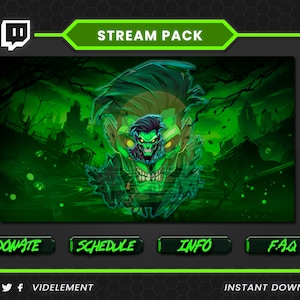 以下が含まれることがあります： 緑と黒のTwitchストリームパック。背景には不気味な緑色のモンスターの顔があります。ボタンには「寄付」、「スケジュール」、「情報」、「FAQ」と表示されています。