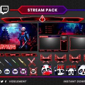 May include: A red and black Twitch stream pack with a panda design. The pack includes a banner, panels, alerts, and other elements. The text "STREAM IS STARTING" is displayed on the banner.