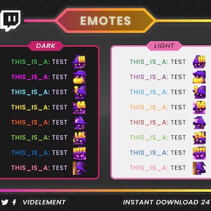 May include: A digital illustration of 24 Twitch emotes featuring a purple wizard character with different expressions and text. The emotes are displayed in two columns, labeled "Dark" and "Light", with each emote labeled "THIS_IS_A: TEST".