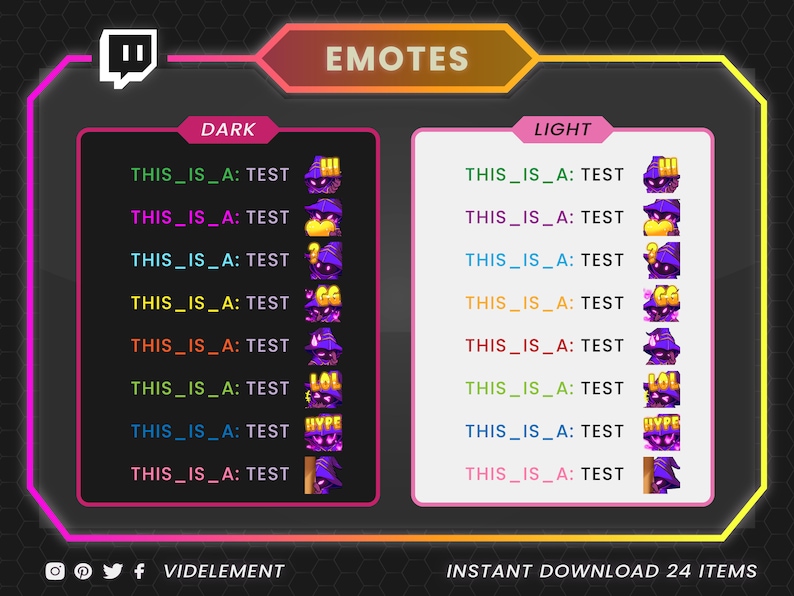 May include: A digital illustration of 24 Twitch emotes featuring a purple wizard character with different expressions and text. The emotes are displayed in two columns, labeled "Dark" and "Light", with each emote labeled "THIS_IS_A: TEST".