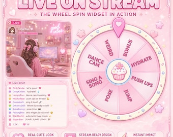 Pink Wheel Spin Stream Widget for OBS & StreamElements, Twitch Chat Command Overlay