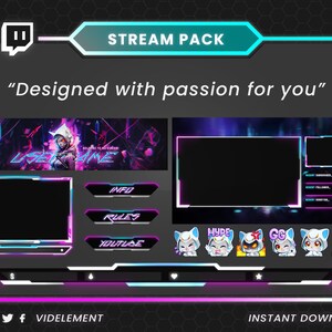 May include: A digital stream pack with a futuristic design. The pack includes a banner, overlay, and various panels with a black, purple, and teal color scheme. Text includes "Designed with passion for you", "INFO", "RULES", "YOUTUBE", and "INSTANT DOWNLOAD".