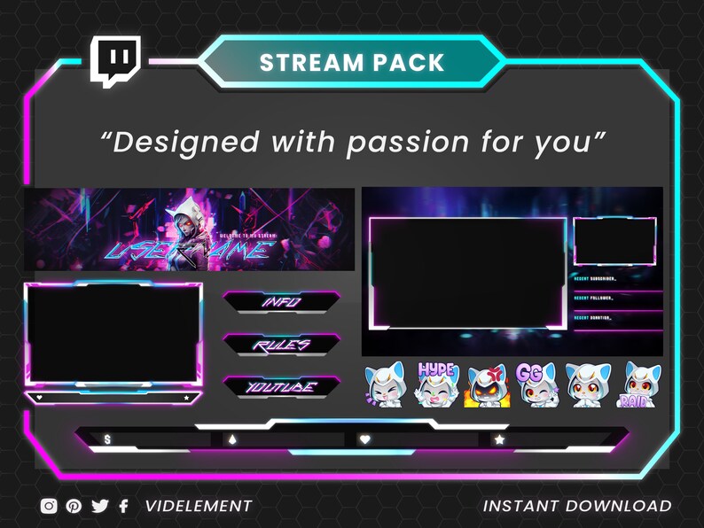 May include: A digital stream pack with a futuristic design. The pack includes a banner, overlay, and various panels with a black, purple, and teal color scheme. Text includes "Designed with passion for you", "INFO", "RULES", "YOUTUBE", and "INSTANT DOWNLOAD".