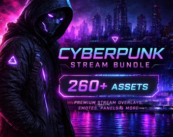 Hooded Mask Cyberpunk Stream Bundle (260+ Assets):  Stream Overlay, Animated Overlay, Twitch Overlay, Animated Screens, Emotes  & Panels