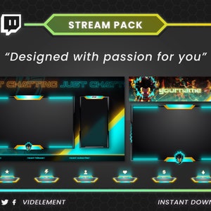 May include: A digital stream pack featuring a black and cyan theme with glowing accents. It includes overlays for Just Chatting, a profile banner with the text "yourname", and six small notification icons. The text "STREAM PACK" and "Designed with passion for you" are visible.