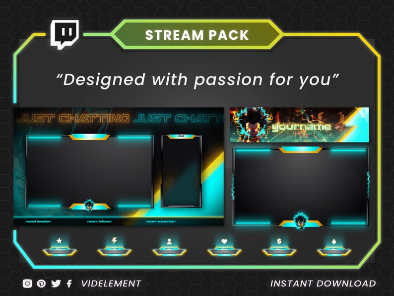 May include: A digital stream pack featuring a black and cyan theme with glowing accents. It includes overlays for Just Chatting, a profile banner with the text "yourname", and six small notification icons. The text "STREAM PACK" and "Designed with passion for you" are visible.